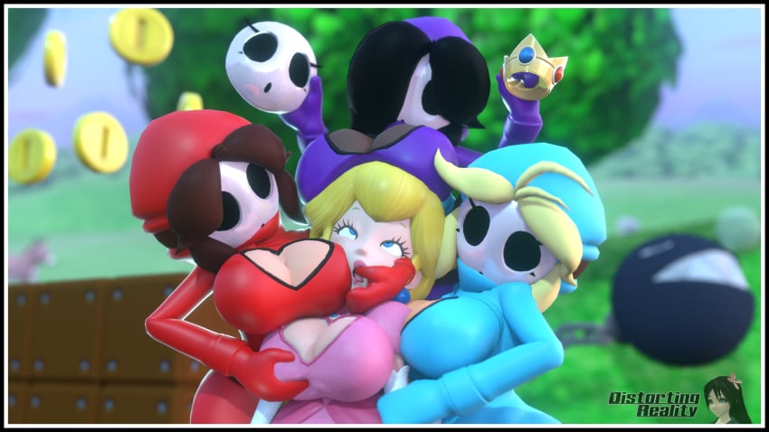 3d 3d_(artwork) ahe_gao big_breasts black_hair black_skin blonde_hair boob_window breast_expansion brown_hair busty chain_chomp corruption crown distortingreality dress earrings finger_in_mouth forced_yuri mario_(series) mask masked masked_female princess_peach princess_rosalina shy_gal super_mario_bros. transformation white_skin yellow_skin yuri