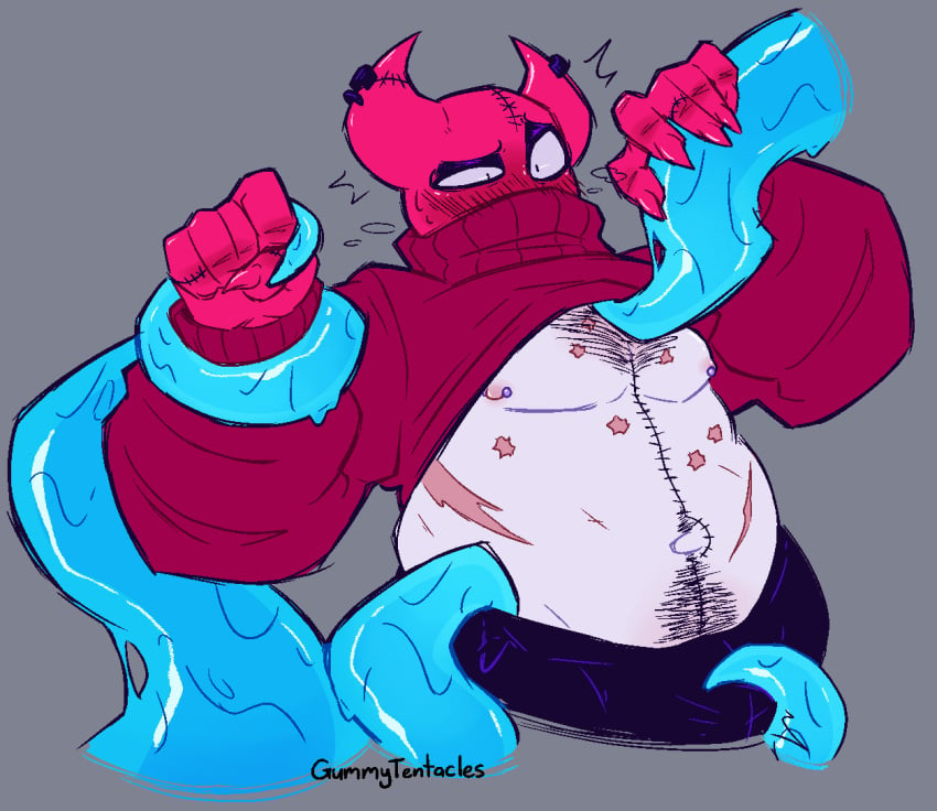 2023 artist_upload blush bob_velseb chubby chubby_male claws digital_drawing_(artwork) digital_media_(artwork) hairy_male male male_focus male_only nipple_piercing partially_clothed pestercide scars spooky_month tentacle tentacle_on_male toony_face