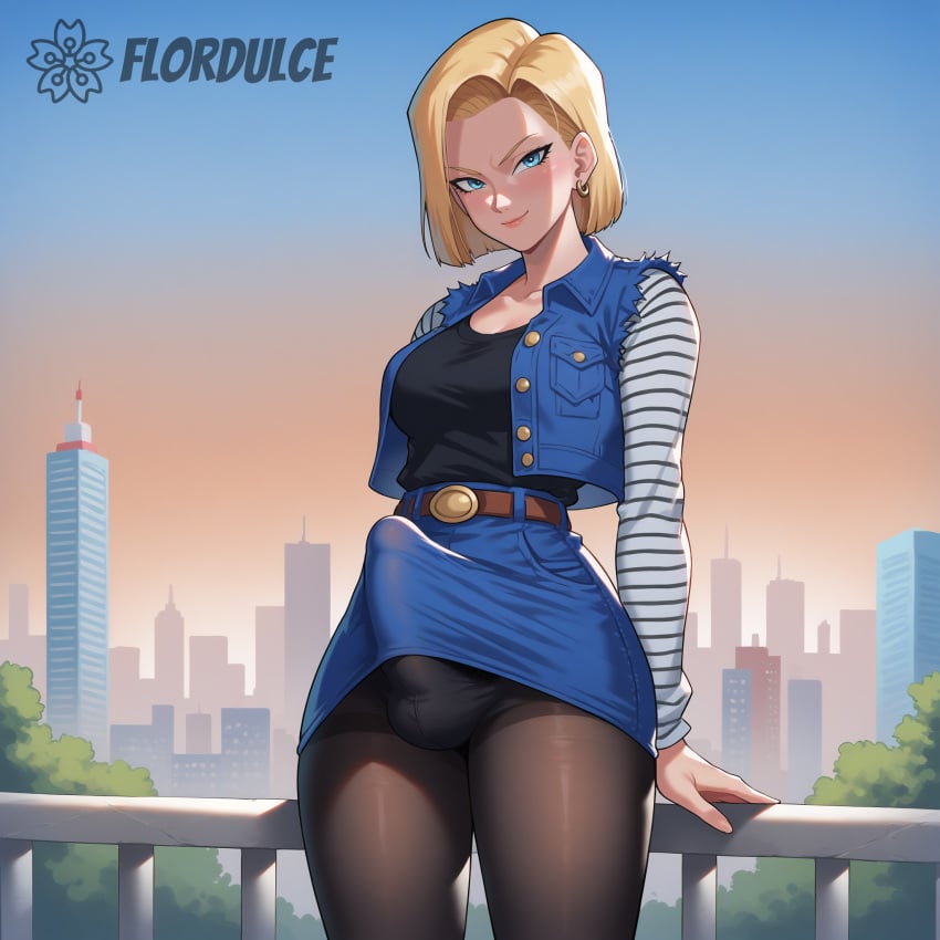 ai_generated android_18 belt black_pantyhose black_shirt blonde_hair blue_eyes blue_skirt bulge bulge_through_clothing city cityscape covered_penis denim_vest dragon_ball dragon_ball_z erect_penis erection erection_under_clothes erection_under_clothing flordulce futa_only futanari long_sleeves outdoors pantyhose penis seductive seductive_look seductive_smile short_hair skirt solo_futa standing striped_sleeves