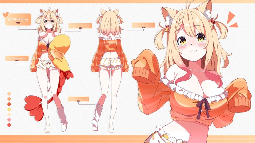 :3 ahoge animal_ear_fluff animal_ears bangs bare_shoulders barefoot blonde_hair blush braid breasts cat_girl cleavage closed_mouth collarbone color_guide crop_top ebiko_(vtuber) female frilled_shorts frills large_breasts long_hair long_sleeves looking_at_viewer midriff multiple_views navel no_shoes off_shoulder orange_shirt shirt short_shorts shorts single_sock sleeves_past_fingers sleeves_past_wrists smile socks standing striped tail two_side_up virtual_youtuber white_shorts yellow_eyes