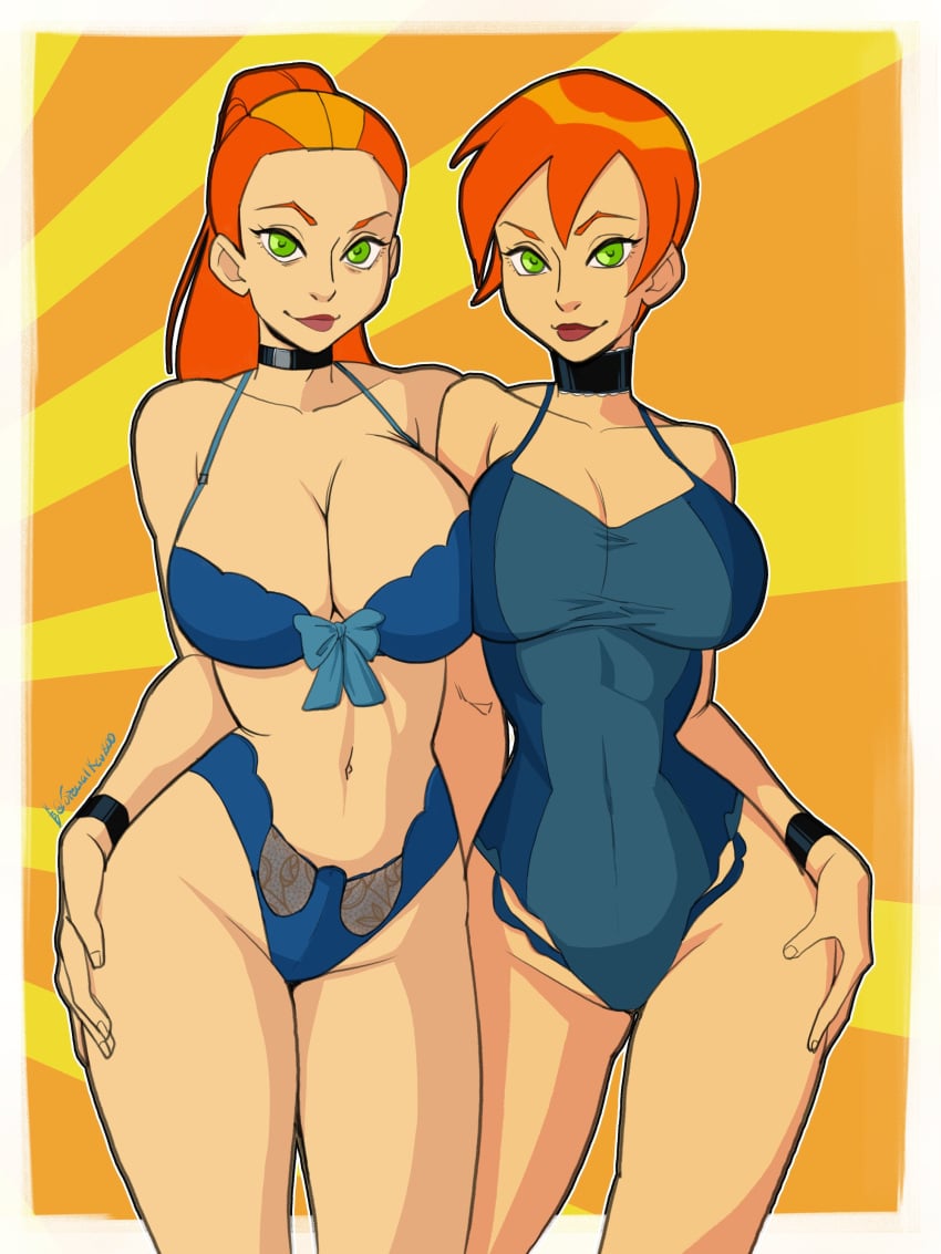 2girls ben_10 ben_10_(classic) cartoon_network choker female female_only future_gwen green_eyes gwen_tennyson ktb ktb800 lingerie long_hair looking_at_viewer multiple_girls orange_hair ponytail short_hair smile smiling specialkev800 warner_brothers