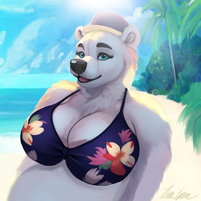 beach bearimore bikini bikini_top detailed_background female floral_print hat overweight overweight_female polar_bear sun_glare the_adventures_of_corduroy ursid ursine