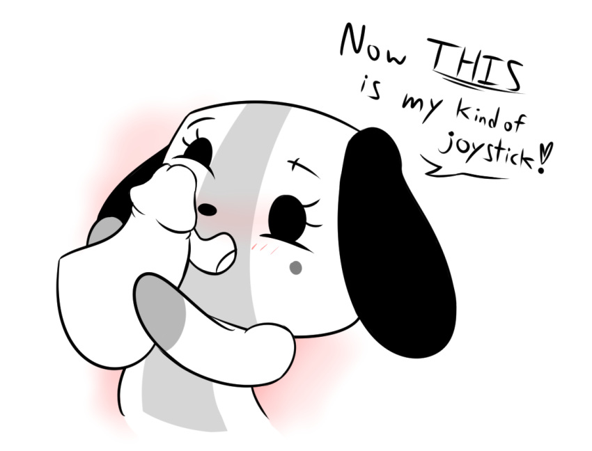 animate_inanimate blush canine dialogue josephtl mammal nintendo_switch penis simple_background switch_dog text video_games