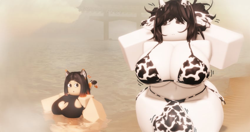 1futa 1futanari 1girls 3d balls_in_panties ballsack big_breasts bikini black_hair breasts bulge_in_panties bulge_through_clothing clothed clothing cow_print cowprint_bikini duo female futanari large_breasts large_testicles larger_futanari mini_giantess mostly_nude nutsack presenting roblox robloxian shibsol_rr34 size_difference smaller_female testicles