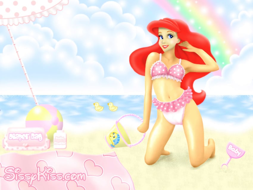 ariel ariel_(the_little_mermaid) baby_powder beach beach_ball beach_toy bikini_top christieluv diaper diaper_bag diaper_fetish frilly_diaper pink_diaper rainbow swim_diaper the_little_mermaid web_address