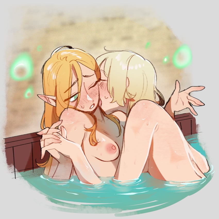 2girls bathing blonde_hair blush breasts closed_eyes color completely_nude delicious_in_dungeon depth_of_field dungeon_meshi elf elf_ears elf_female falin_touden female female_only green_eyes grey_background highres holding_hands imminent_sex kissing kissing_neck long_hair looking_at_partner marcille_donato multiple_girls nipples one_eye_closed pointy_ears romantic romantic_couple short_hair small_breasts yuri zambiie