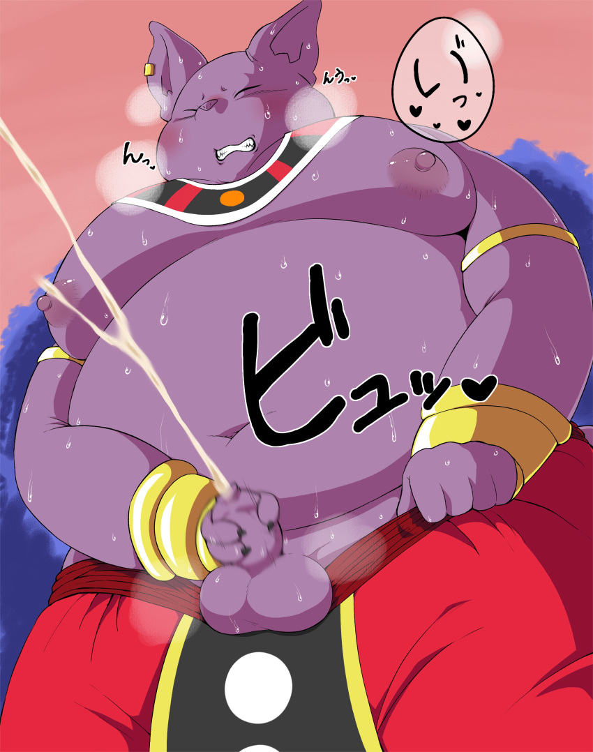 absurd_res alien anthro balls belly bodily_fluids boner champa clothed clothing cum domestic_cat dragon_ball dragon_ball_super erection felid feline felis foreskin genital_fluids genitals hi_res japanese_text male male_only mammal masturbation moobs namabito navel nipples orgasm overweight penis purple_body solo sweat text topless yellow_eyes