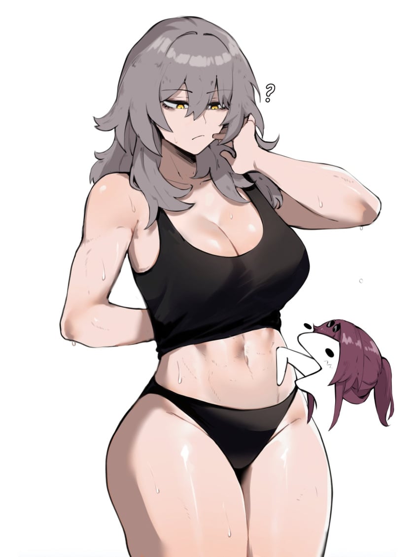 breasts glasses grey_hair honkai:_star_rail honkai_(series) kafka_(honkai:_star_rail) large_breasts licking licking_abs licking_chest long_hair looking_down looking_unpleasured masoq095 meme post_workout purple_hair stelle_(honkai:_star_rail) sweat sweatdrop sweating sweaty_body wide_hips yellow_eyes yuri