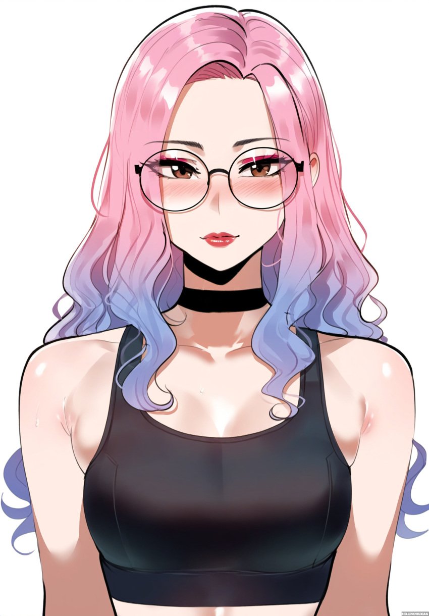 1girl 1girls ai_generated blue_hair brown_eyes choker eyeshadow female female_only glasses light-skinned_female multicolored_hair pink_hair portrait self_upload selfie skindentation small_breasts smile solo sports_bra upper_body viriai