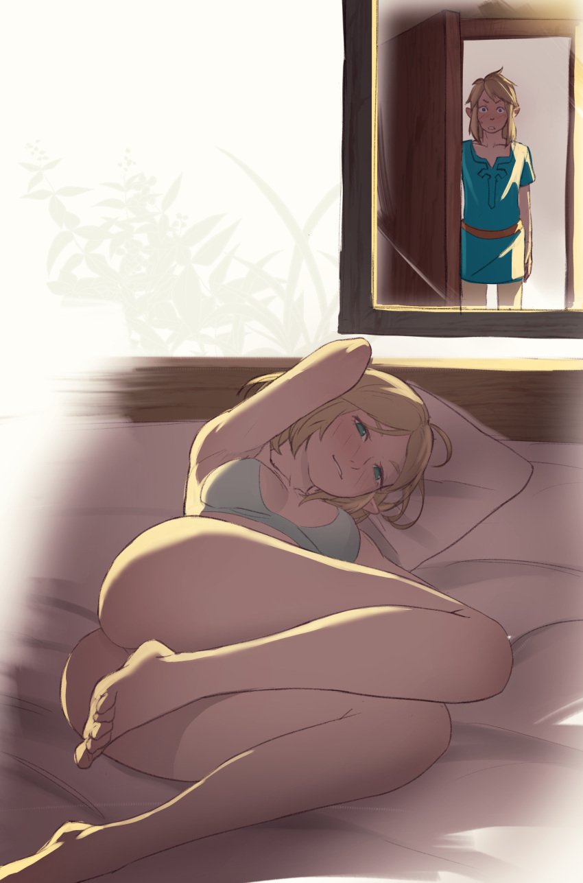 ass bed blonde_hair bottomless bra link pomelomelon princess_zelda short_hair smile tears_of_the_kingdom the_legend_of_zelda zelda_(tears_of_the_kingdom)