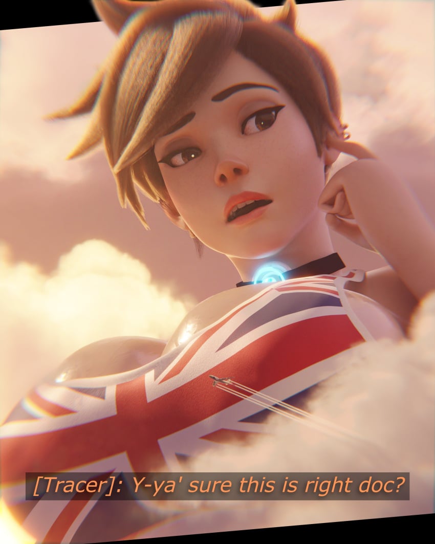 1girls 3d 3d_(artwork) big_breasts blizzard_entertainment breasts british_flag brown_hair brown_hair_female brunette_hair clouds collar female female_focus female_only giantess giga_giantess gigaenjoyer lena_oxton light-skinned_female light_skin overwatch overwatch_2 short_hair tomboy tracer union_jack_tracer