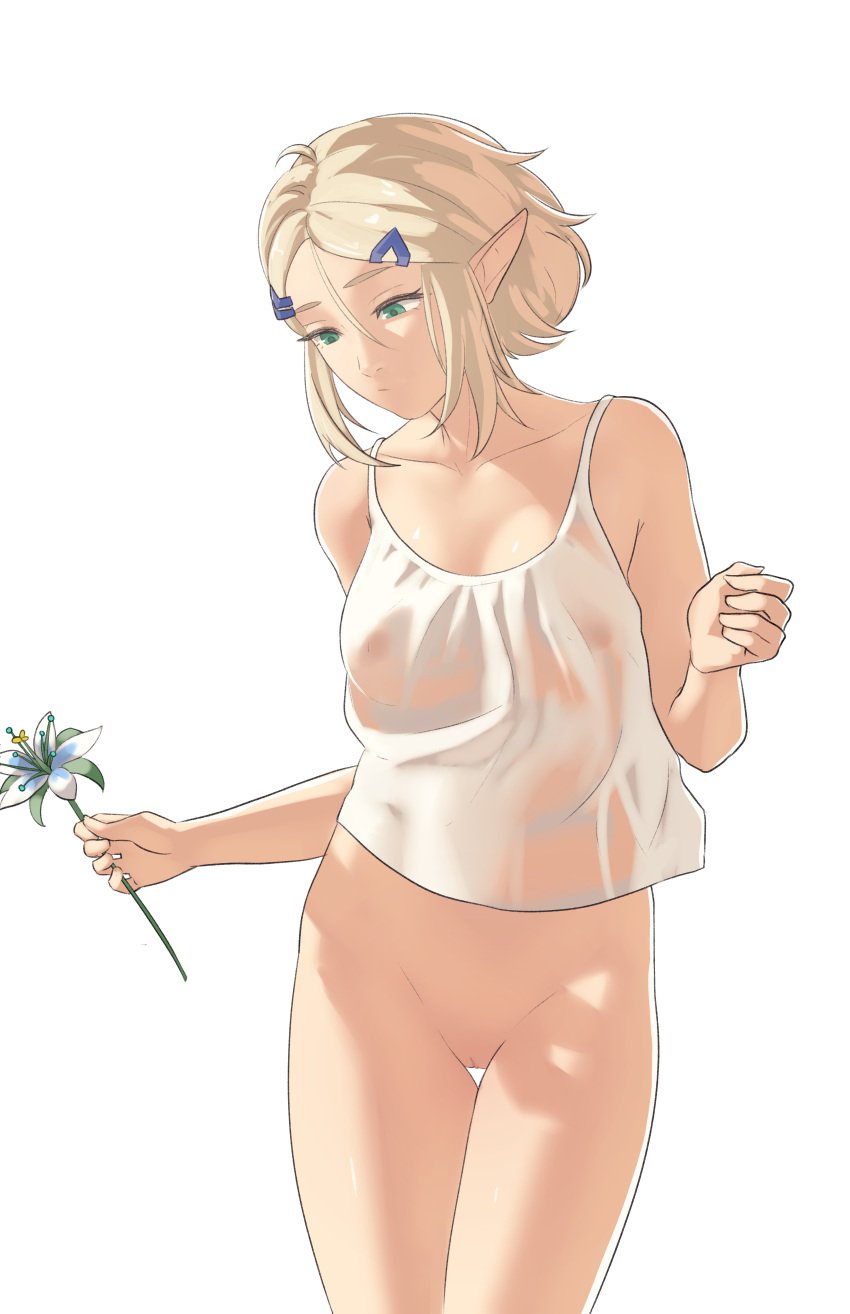 1girls blonde_hair bottomless female female_only flower holding_object nipples nude pointy_ears pomelomelon princess_zelda pussy see-through_clothing short_hair solo solo_female tank_top tears_of_the_kingdom the_legend_of_zelda wet_clothes white_background white_shirt zelda_(tears_of_the_kingdom)