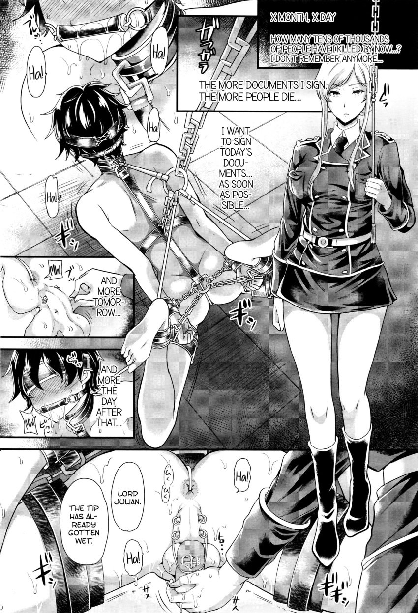 1boy 1girls big_penis black_and_white blonde_hair bottomless censored clothed clothing comic cute_male dialogue english_text erection female femboy femdom male military monochrome mosaic_censoring partially_clothed perineal_raphe perineum sound_milk strap-on_rod text urethral_insertion