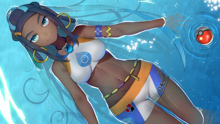 1girls african_female artist_request blue_eyes brown_skin crop_top curvy curvy_body curvy_female dark-skinned_female earrings female fit_female game_freak gym_leader hoop_earrings human looking_at_viewer midriff nessa_(pokemon) nintendo partially_submerged poke_ball pokeball pokemon pokemon_ss shorts sleeveless solo solo_female tagme three_tone_clothing two_tone_hair video_game video_game_character video_games water