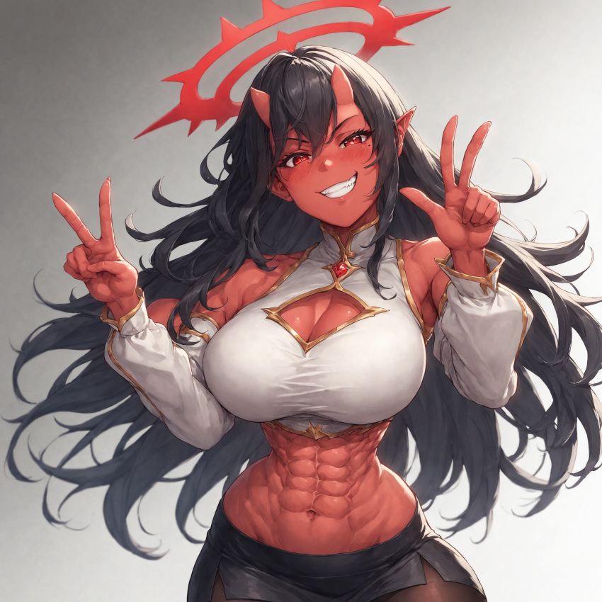 1girls ai_generated bare_shoulders black_hair black_skirt blush cleavage control5099 cowboy_shot crop_top cutout demon demon_girl detached_sleeves halo midriff miniskirt mole mole_under_eye navel pantyhose red_eyes red_skin skirt solo toned_abs