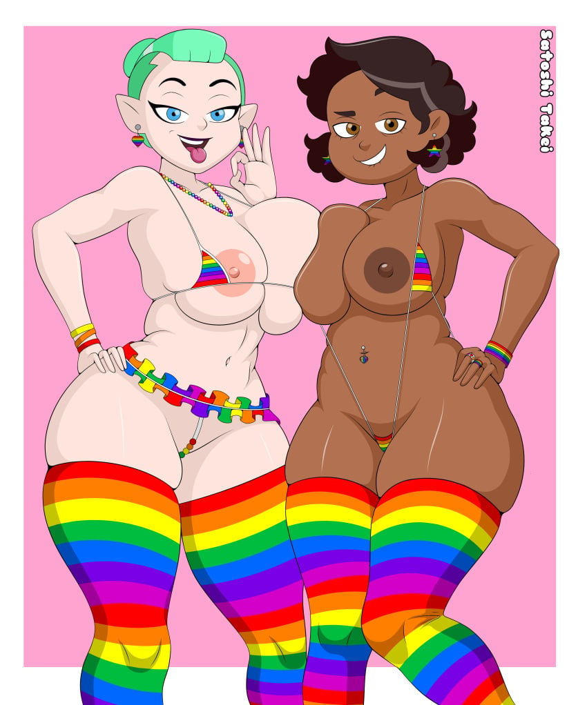 2girls 2milfs big_breasts bikini blowjob_gesture blue_eyes breast_press brown_eyes brown_hair camila_noceda chocolate_and_vanilla dark-skinned_female disney disney_channel fellatio_gesture gesturing_at_viewer green_hair hands_on_hips huge_breasts human humanoid latina lgbt_pride_colors light-skinned_female looking_at_viewer mature_female micro_bikini milf milfs mother multicolored_legwear multicolored_thigh_highs multiple_girls multiple_milfs odalia_blight pale-skinned_female pink_background pointy_ears rainbow_bikini rainbow_legwear rainbow_thigh_highs satoshi_takei skimpy skimpy_bikini skimpy_clothes sling_bikini string_bikini the_owl_house thick_thighs thighhighs tongue twitter_link voluptuous voluptuous_female wide_hips witch