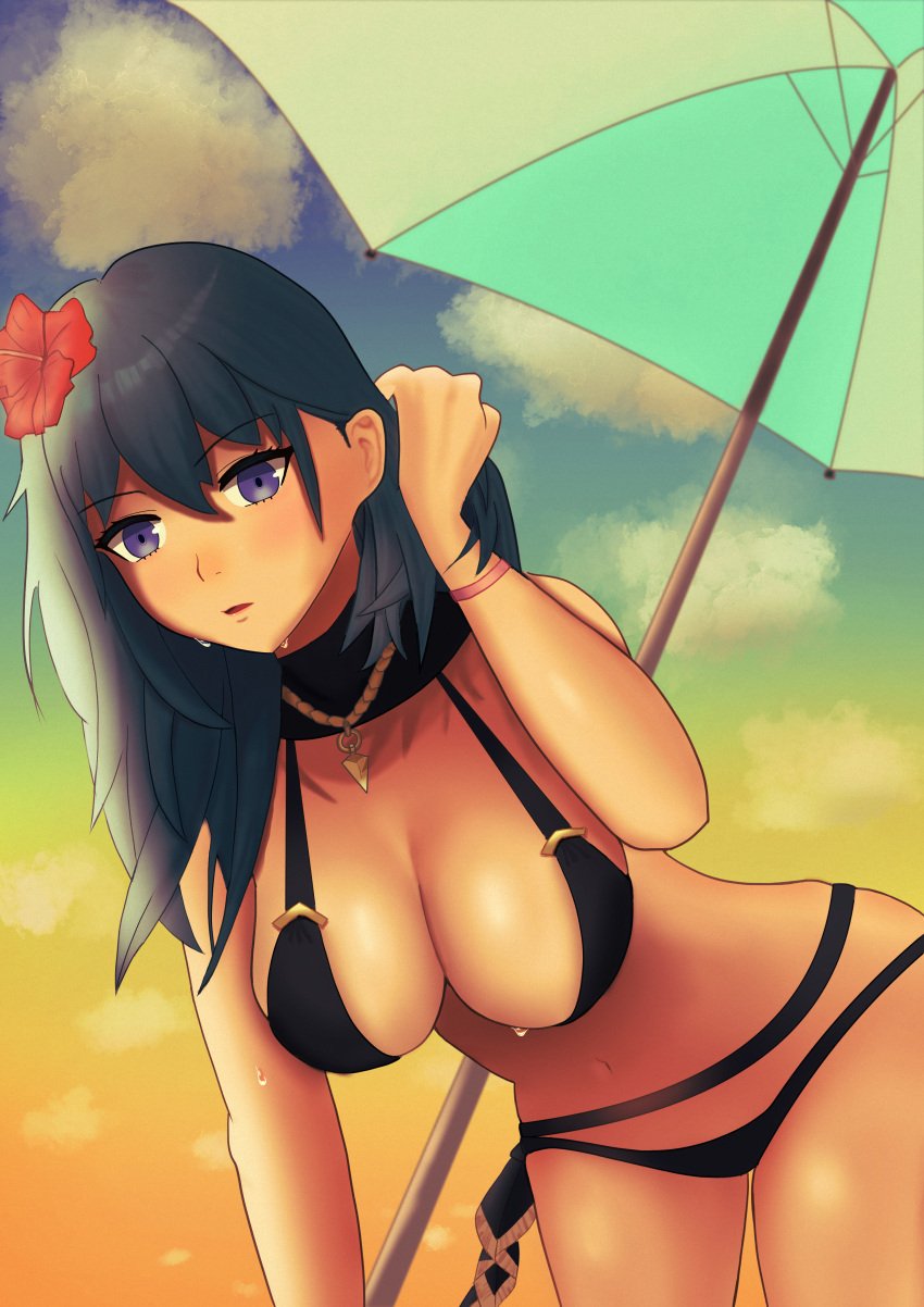 alternate_costume bikini black_bikini black_swimsuit blue_eyes breasts byleth_(female)_(fire_emblem) byleth_(female)_(summer)_(fire_emblem) byleth_(fire_emblem) byleth_(fire_emblem)_(female) female female_only fire_emblem fire_emblem:_three_houses fire_emblem_heroes looking_at_viewer nintendo official_alternate_costume solo swimsuit zion_rss