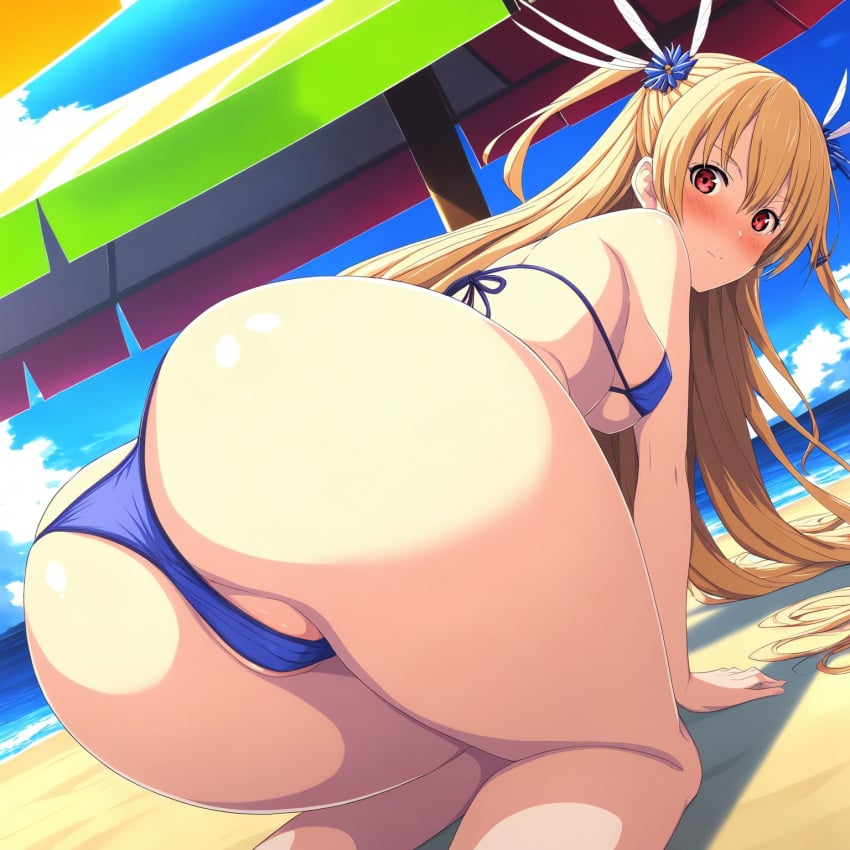 1female 1girls ahoge ai_generated alisa_reinford ass ass_focus bangs beach beach_background bikini blonde_hair blush blush_lines blushing_at_viewer doggy_style doggy_style_position female female_only hi_res high_resolution highres looking_at_viewer parasol red_eyes sen_no_kiseki solo_female