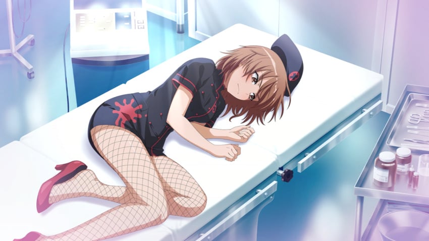 brown_hair embarrassed fishnet_stockings heels lying_down misaka_worst nurse nurse_clothing nurse_hat nurse_uniform official_art red_heels short_hair thighs to_aru_majutsu_no_index