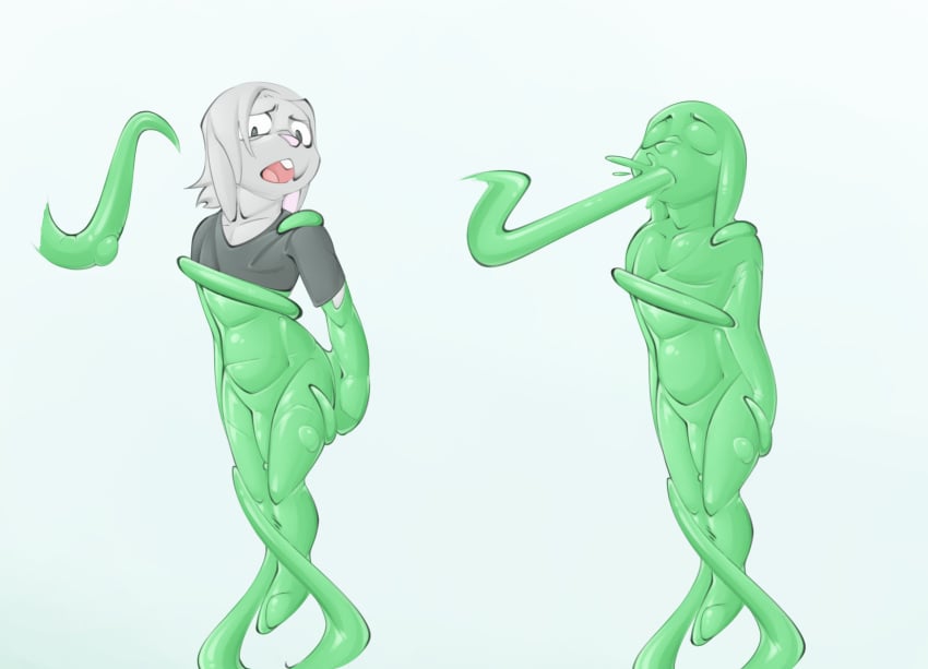 anthro assimilation azure_(azzybunn) azzybunn bound bulge dissolving_clothing encasement goo_transformation green_body grey_body hi_res lagomorph leporid looking_pleasured male male_only mammal open_mouth oral oral_penetration penetration rabbit simple_background solo suspension tentacle tentacle_in_mouth tentacle_penetration transformation transformation_sequence trapped worried