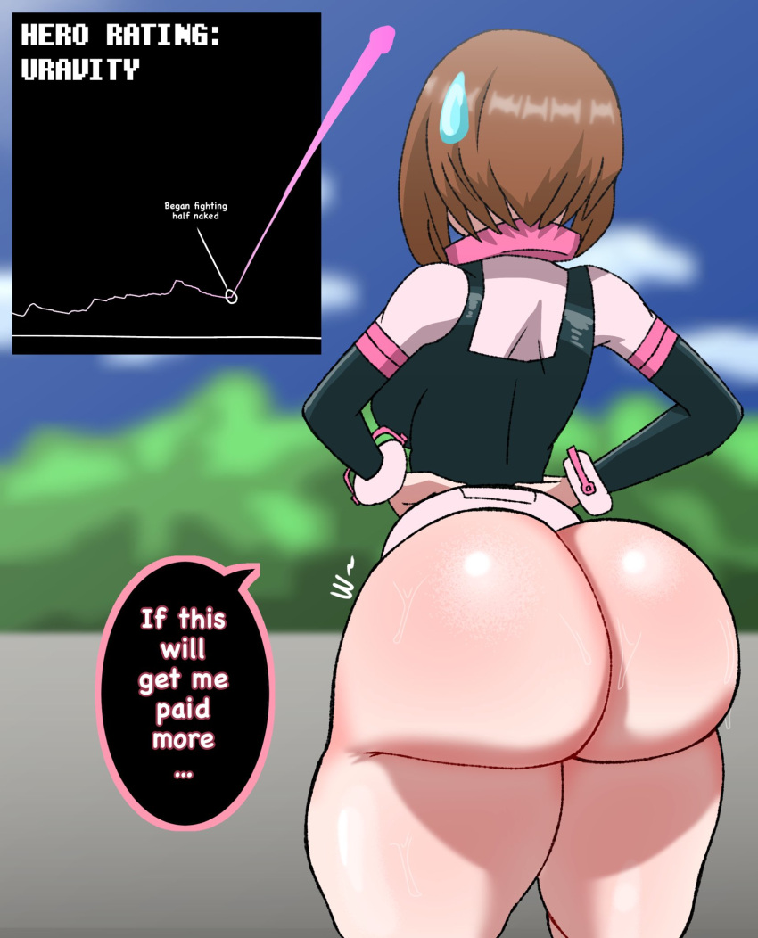 1girls ass big_ass bottomless brown_hair dialogue exhibitionism female female_only half_naked hero_outfit_(mha) huge_ass meme my_hero_academia ochako_uraraka outdoors public public_nudity rating short_hair solo solo_female speech_bubble sweatdrop wispernsfw