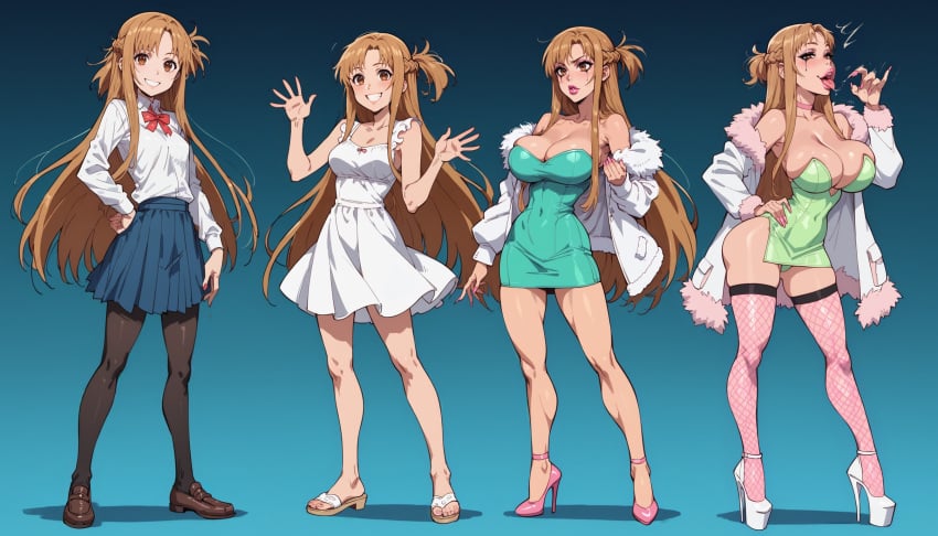 ai_generated ass_expansion bimbofication breast_expansion fdpdablizzard998 female hair_color_change hair_growth large_ass large_breasts leotard lip_expansion midriff navel sword_art_online thick_thighs thigh_expansion transformation transformation_sequence wide_hips yuuki_asuna