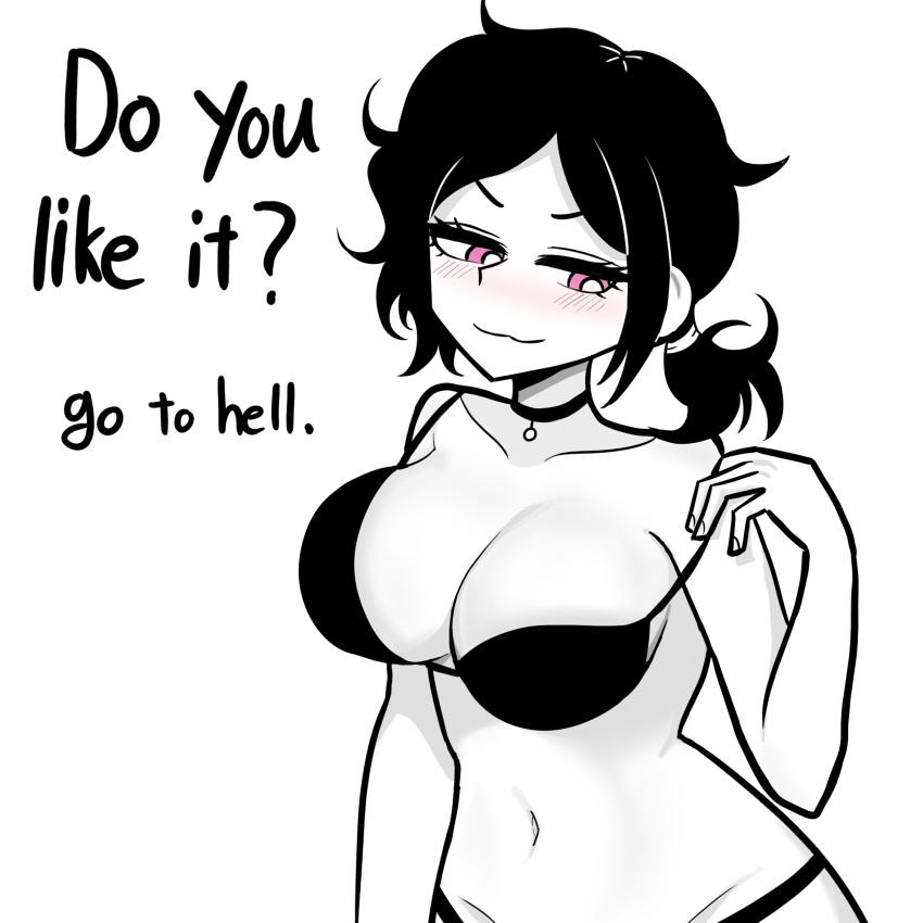 1girls ashley_graves big_breasts bikini black_hair blush cleavage collar english_text female looking_down pink_eyes ponytail ppppddd smile solo swimsuit the_coffin_of_andy_and_leyley trash_talk undressing upper_body