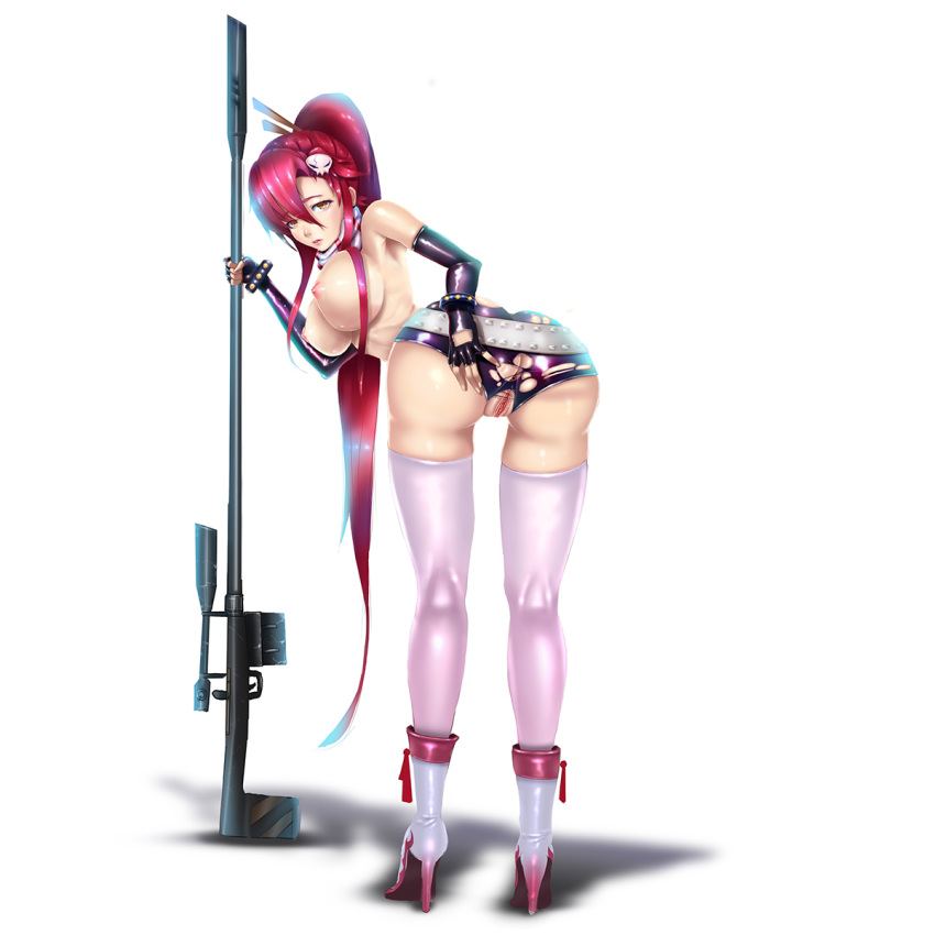 anti-materiel_rifle ass astdevir breasts brown_eyes elbow_gloves female female fingerless_gloves gloves gun hair_ornament high_heel_boots large_breasts long_hair looking_at_viewer looking_back nipples pink_legwear pink_thighhighs ponytail pussy red_hair rifle shiny shiny_skin short_shorts shorts sideboob simple_background sniper_rifle solo standing tengen_toppa_gurren_lagann thighhighs tied_hair topless torn_clothes torn_shorts weapon white_background yoko_littner