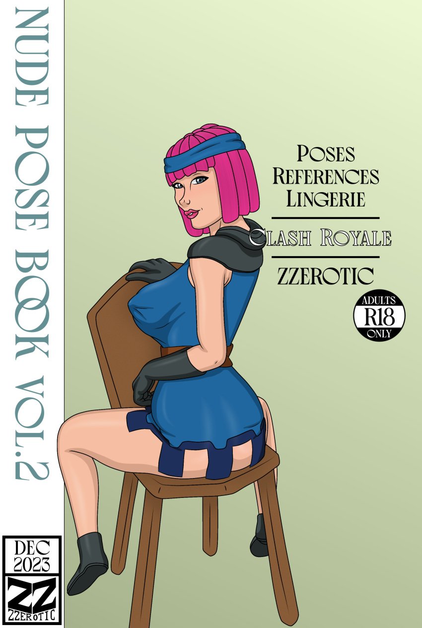 1girls 2023 artist_logo artist_name artist_signature ass_visible_through_thighs big_butt blue_eyes book boots chair clash_(series) clash_royale clothed clothing comic comic_cover dated english english_text erect_nipples eyelashes female female_focus female_only firecracker_(clash_royale) gloves looking_at_viewer looking_back nude_pose_book pink_hair pink_lipstick short_hair sitting solo solo_female solo_focus supercell text volume_2 zzerotic