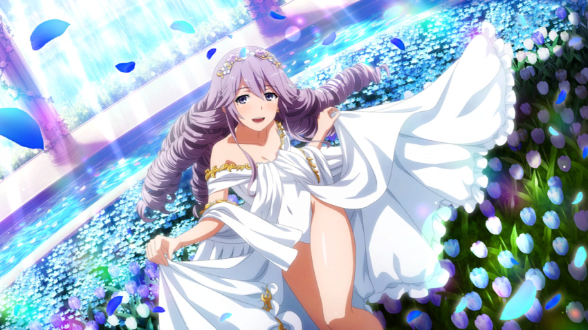 bare_shoulders curly_hair flower_in_hair flowers hokaze_junko long_hair official_art purple_hair smile thick_thighs thighs to_aru_majutsu_no_index white_dress