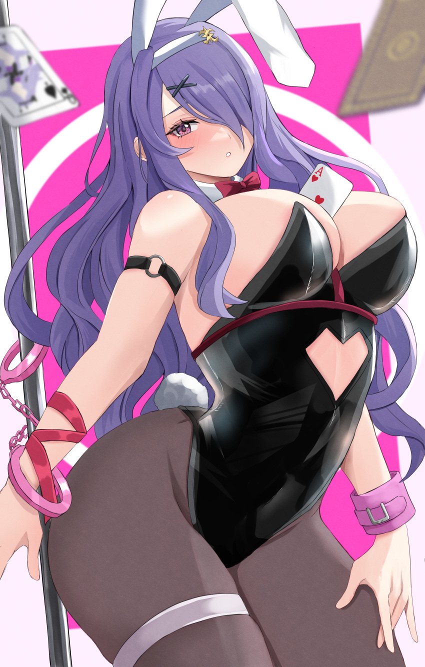 1girl 1girls absurdres alternate_costume animal_ears blush breasts bunny_ears bunny_girl bunnysuit camilla_(fire_emblem) card cleavage female female_only fire_emblem fire_emblem_fates highres large_breasts leotard looking_at_viewer necktie nintendo pantyhose peli_cantaro playboy_bunny purple_eyes purple_hair rabbit_ears rabbit_hole_(vocaloid) rabbit_tail solo tail