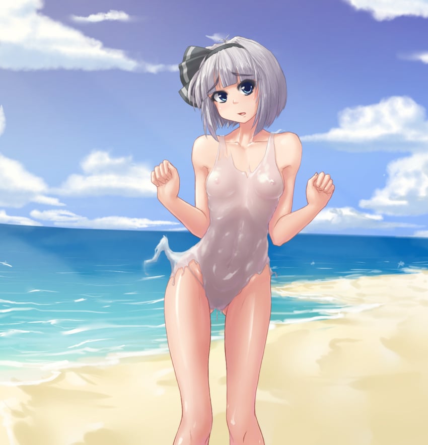 1girls bare_shoulders beach blue_eyes blue_sky bow breasts breasts_apart clenched_hands cloud covered_erect_nipples day eyebrows female female_pubic_hair hairband hater_(hatater) highres konpaku_youmu konpaku_youmu_(ghost) living_clothes looking_at_viewer mundane_utility nipples non-web_source ocean one-piece_swimsuit open_mouth outdoors pubic_hair sand see-through short_hair silver_hair sky small_breasts solo swimsuit thick_eyebrows touhou water youmu_konpaku youmu_konpaku_(ghost)