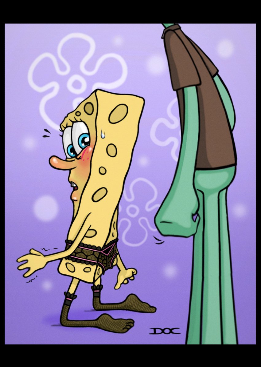 blue_eyes blush cephalopod doc1999 gay lace lace_panties lingerie male male_only no_shoes non-human non-human_only octopodiform octopus sea_sponge simple_background spongebob_squarepants spongebob_squarepants_(character) squidward_tentacles stockings toony what