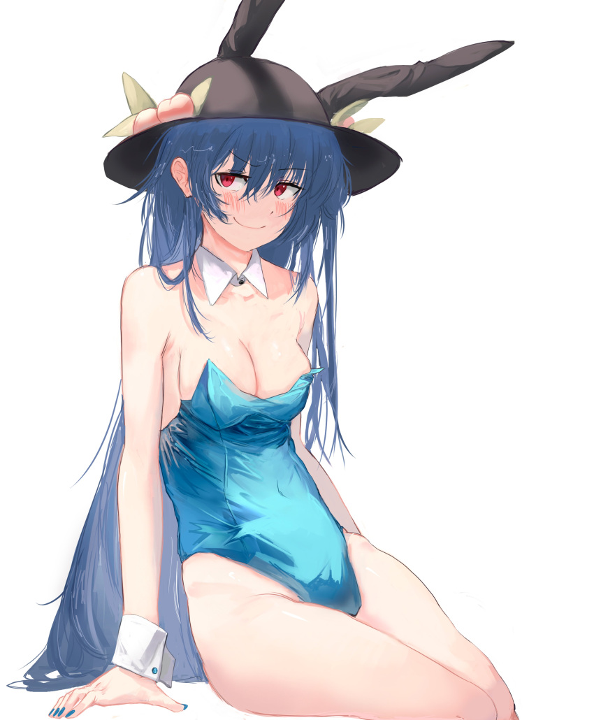 absurdres animal_ears blue_hair blue_leotard blue_nails blush commentary commission detached_collar english_commentary female hat highres hinanawi_tenshi leotard long_hair looking_at_viewer peach_hat_ornament playboy_bunny rabbit_ears red_eyes sitting small_breasts solo sparkle71059204 tenshi_hinanawi touhou wrist_cuffs