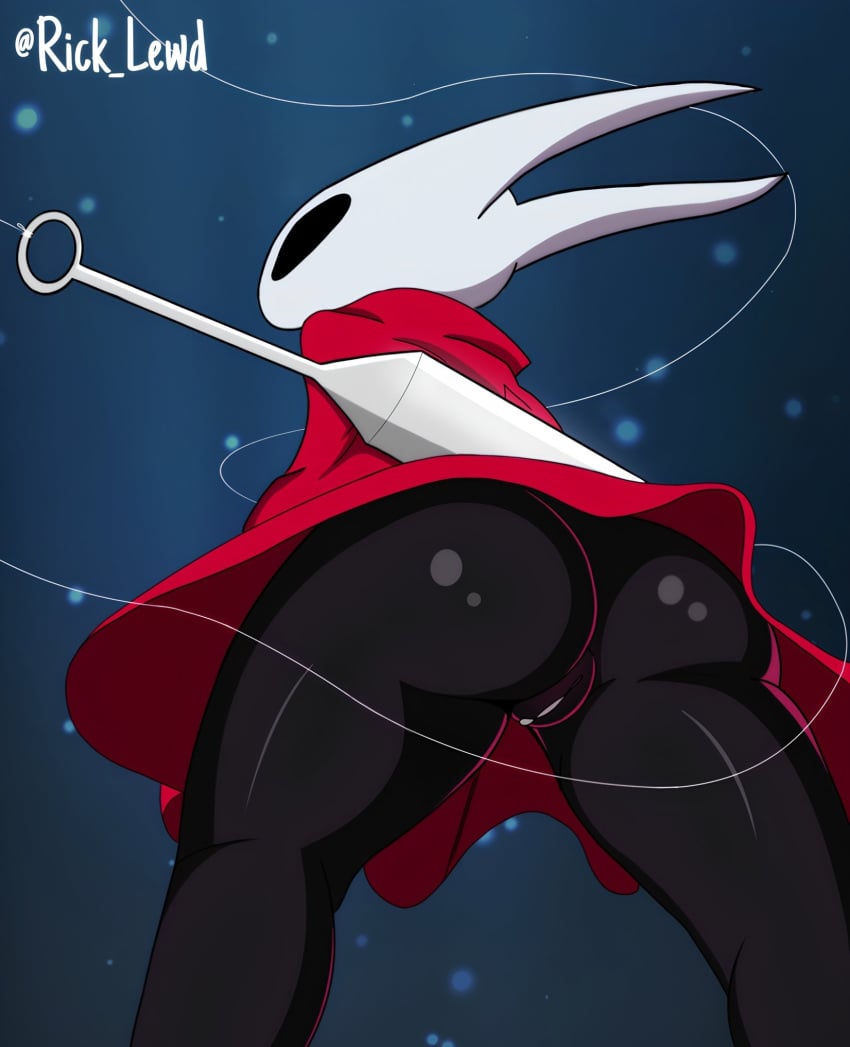 anthro arthropod ass black_body black_eyes blue_background butt_focus casual clothed clothing digital_drawing_(artwork) digital_media_(artwork) dress empty_eyes female genitals hi_res hollow_knight hornet_(hollow_knight) improvised_weapon insects low-angle_view no_underwear outerwear pussy rear_view red_clothing red_dress rick_lewd sewing_needle simple_background solo standing team_cherry upskirt weapon