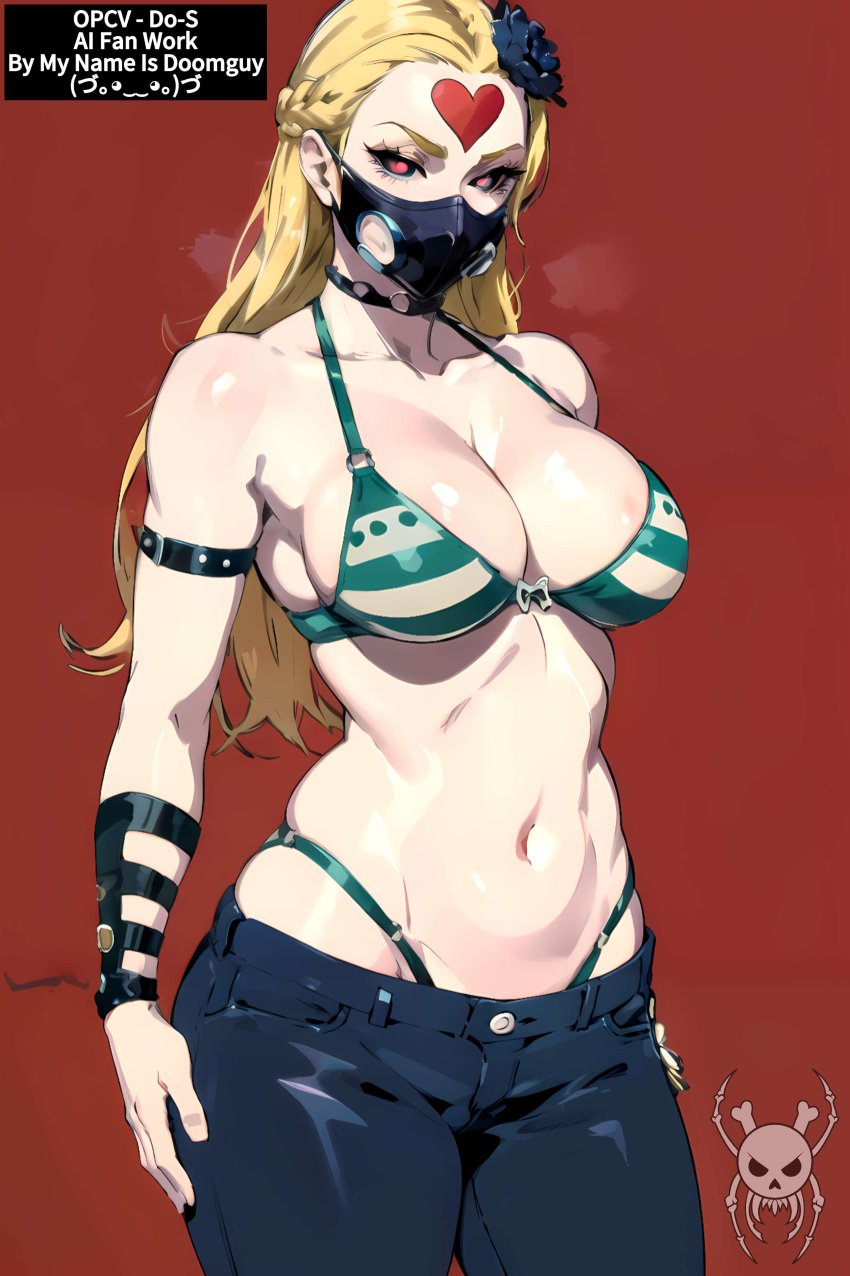 1girls ai_generated big_breasts bikini_top blonde_hair female female_focus female_only heart_tattoo jeans kaijin_hime_do-s mouth_mask mynameisdoomguy nami_(one_piece)_(cosplay) one-punch_man one_piece solo_female