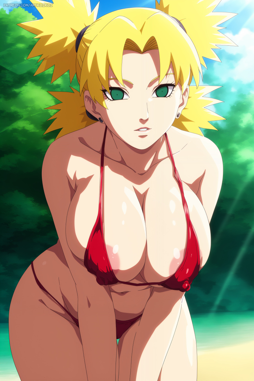 1girls ai_generated areola areola_slip artkoikoi beach bent_over bikini bikini_bottom bikini_top blush cleavage curvaceous curvy curvy_body curvy_female curvy_figure erect_nipples erect_nipples_under_bikini female female_only koikoi light-skinned_female light_skin looking_at_viewer nai_diffusion naruto naruto_(series) naruto_shippuden oppai outdoors pale-skinned_female pale_skin patreon_username ponytail quad_tails seaside solo solo_focus stable_diffusion teal_eyes teen teenage_girl teenager temari thighs twintails url voluptuous voluptuous_female watermark web_address white_skin