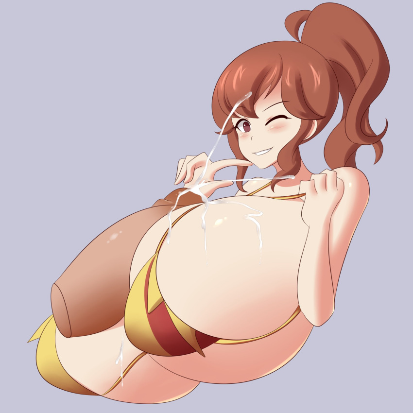 1boy 1girls alternate_breast_size alternate_costume anna_(fire_emblem) big_breasts bikini breasts cum cum_on_breasts cumshot disembodied_penis ejaculation female fire_emblem fire_emblem_awakening gigantic_breasts huge_breasts jcdr large_breasts male nintendo one_eye_closed paizuri penis ponytail red_eyes red_hair smile straight swimsuit wink