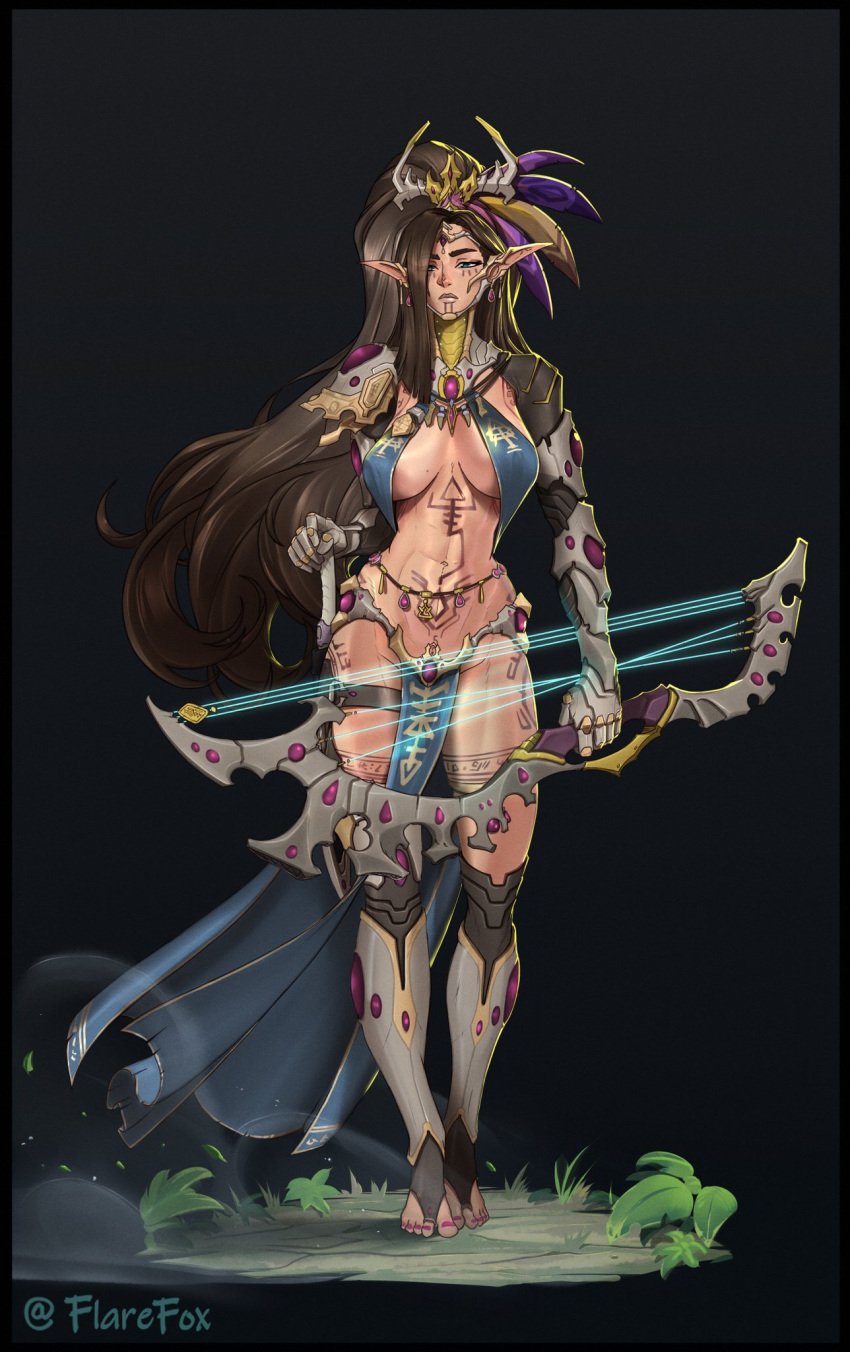 1girls abs barefoot blue_eyes bow_(weapon) breasts brown_hair cleavage earrings eldar eldar_exodite elf_ears feather_hair_ornament feathers female female_only flarefox hair_ornament highres jewelry large_breasts loincloth long_hair necklace pelvic_curtain pointy_ears skirt solo sword tattoo toned warhammer_(franchise) warhammer_40k weapon