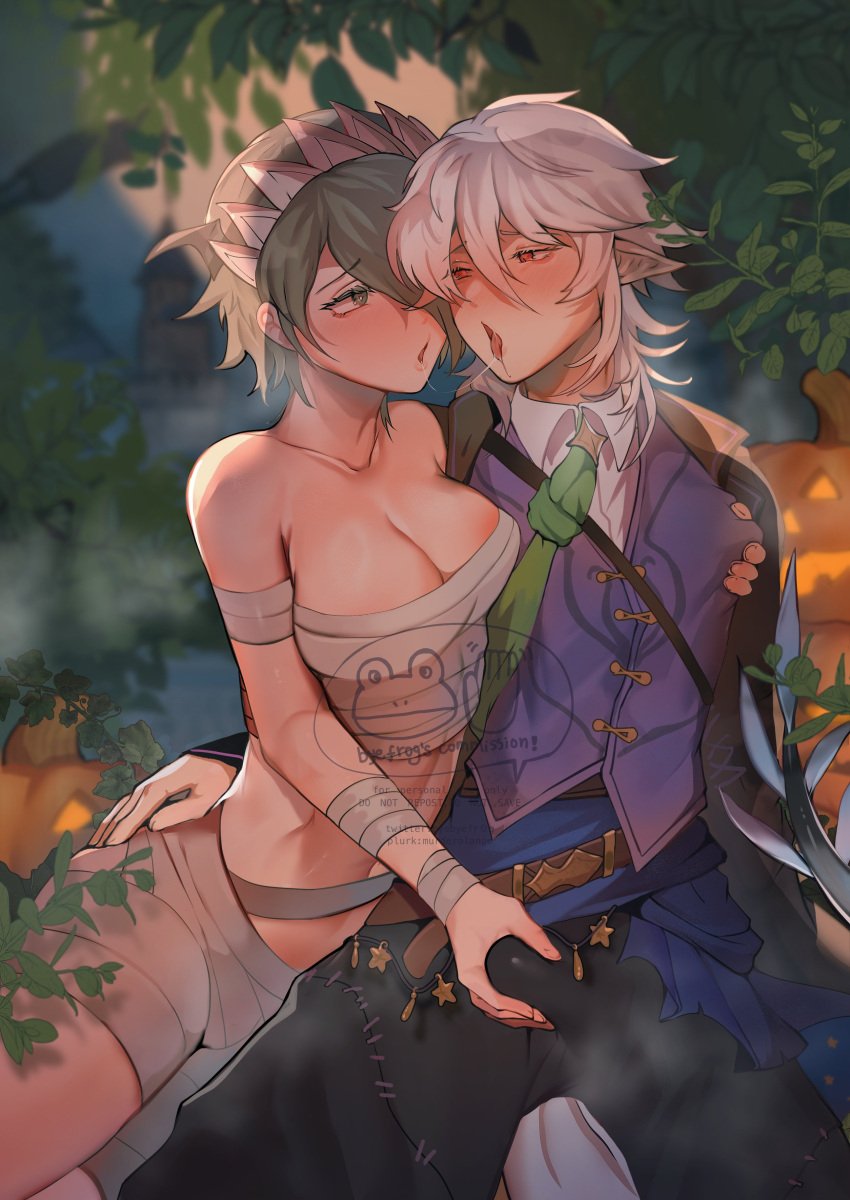 1boy 1girls absurdres after_kiss alternate_costume assertive_female blue_hair blush branch breasts bulge byebyefrog byefrog chest_sarashi cleavage corrin_(fire_emblem) corrin_(male)_(fire_emblem) corrin_(male)_(halloween)_(fire_emblem) covered_nipples crotch_grab female female femboy fire_emblem fire_emblem_fates fire_emblem_heroes hairband halloween highres jack-o'-lantern male nintendo nipple_stimulation nipple_tweak nipple_tweak_through_clothes official_alternate_costume pointy_ears pumpkin saliva saliva_trail sarashi setsuna_(fire_emblem) straight white_hair