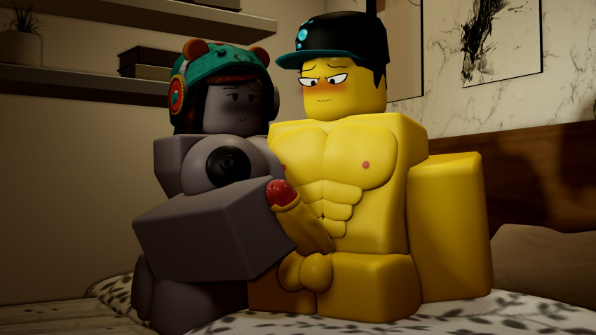 1boy 1girls 3d areolae balls breasts brown_hair commission handjob lauxdmn muscular_male nipples nude penis roblox robloxian self_upload tagme yellow_skin