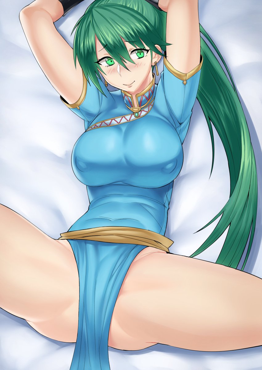 1girls armpits breasts female female_only fire_emblem fire_emblem:_the_blazing_blade green_hair highres large_breasts lyn_(fire_emblem) madkaiser nintendo pelvic_curtain solo spread_legs