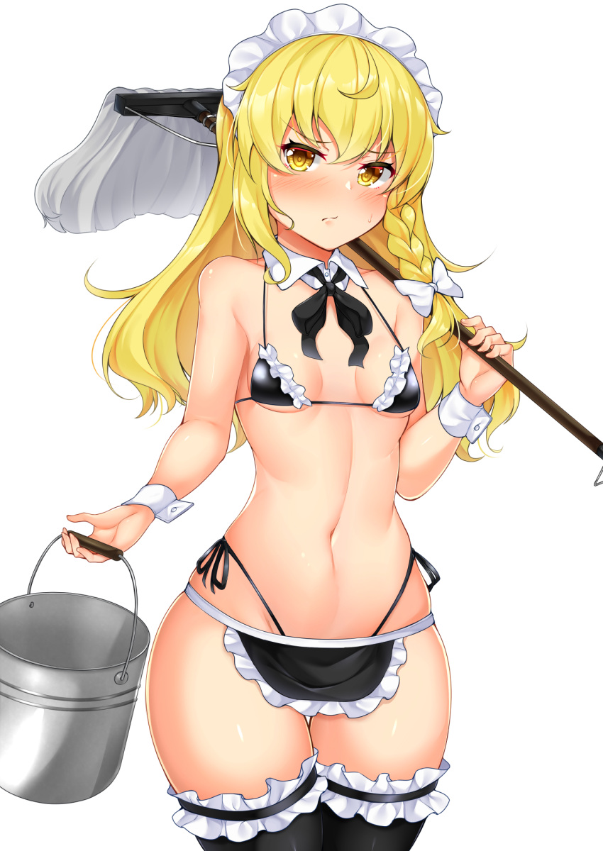 bikini black_bikini black_ribbon black_thighhighs blonde_hair blush braid breasts bridal_garter bucket commentary_request cowboy_shot daichi_(tokoya) detached_collar female frilled_bikini frills highleg highleg_bikini highres holding holding_bucket holding_mop kirisame_marisa long_hair maid maid_bikini maid_headdress marisa_kirisame mop neck_ribbon ribbon side-tie_bikini_bottom simple_background single_braid small_breasts solo standing swimsuit thighhighs thighs touhou unconventional_maid white_background yellow_eyes