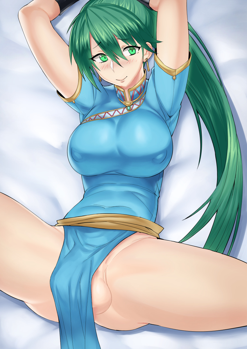 1futa 2018 abs absurd_res arms_up balls bed bottomless breasts clothed clothing fire_emblem fire_emblem:_the_blazing_blade flaccid foreskin futa_only futanari highres human large_breasts large_penis light-skinned_futanari light_skin long_hair lyn_(fire_emblem) madkaiser mostly_clothed nintendo nipples on_back penis solo spread_legs testicles third-party_source uncircumcised uncut