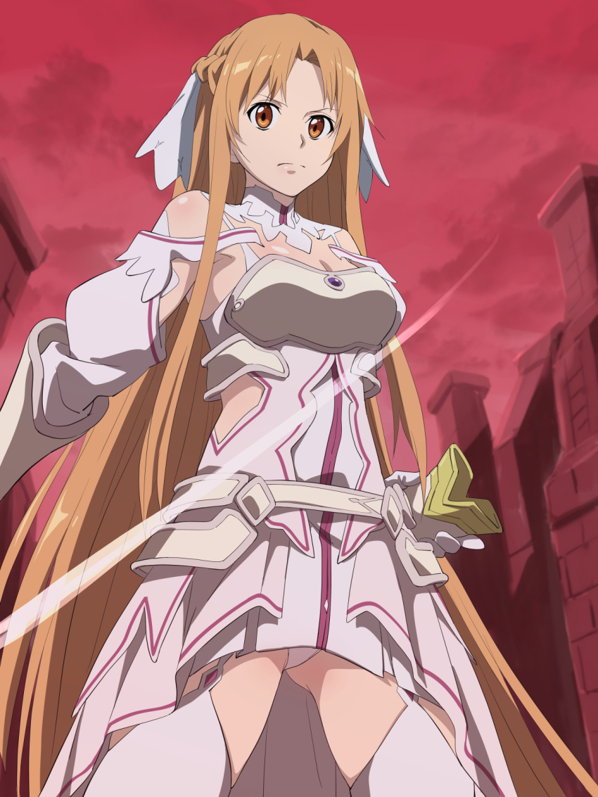 armor ass_visible_through_thighs bare_shoulders belt blonde_hair braid breastplate breasts cleavage closed_mouth cowboy_shot detached_sleeves dress faulds female gloves hair_ribbon holding holding_sheath large_breasts legs_apart long_hair looking_at_viewer nomanota orange_eyes panties parted_bangs red_sky ribbon sheath shiny_skin sky solo stacia_(sword_art_online) sword_art_online sword_art_online:_alicization_-_war_of_underworld sword_art_online_alicization thighhighs thighs underwear unsheathed very_long_hair white_armor white_belt white_gloves white_panties white_ribbon white_sleeves white_thighhighs yuuki_asuna