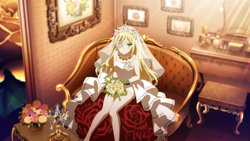 bare_shoulders blonde_hair bride bride_veil crown dress embarrassed eyepatch gloves green_eyes long_hair official_art othinus_(to_aru_majutsu_no_index) thighs to_aru_majutsu_no_index veil wedding_dress