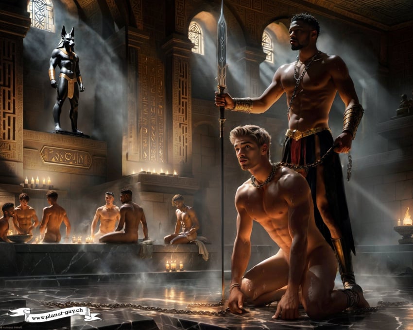 3d ai_generated all_fours anubis black_hair blonde_hair chained_up dark-skinned_male dark_skin enslaved gay gay_interracial harem homoerotic human_slave in_love indoors interracial leash light-skinned_male light_skin male male_only master melanin multiple_boys naked naked_male no_visible_genitalia nude nude_male oc original original_characters planetgaycomics slave slaves submissive_male