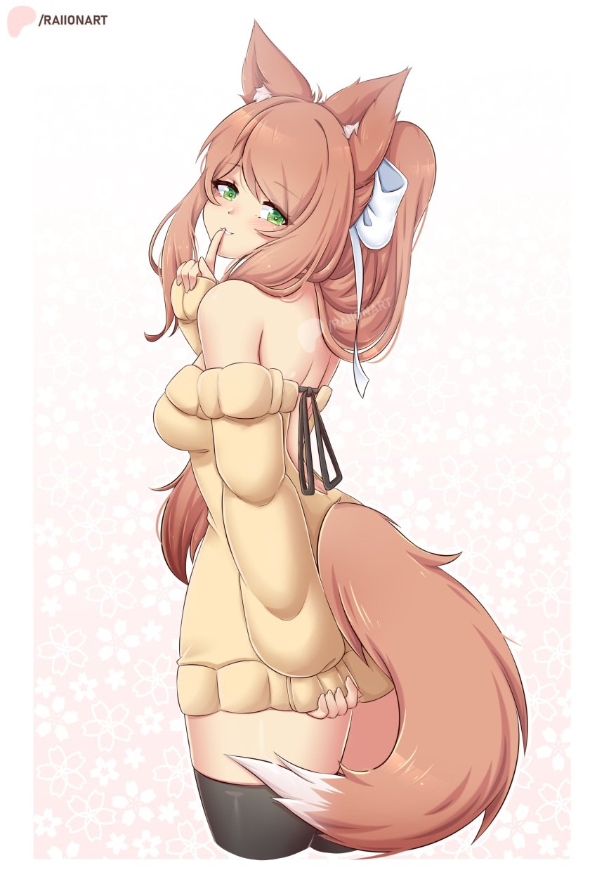 bare_legs bare_shoulders bare_thighs brown_hair doki_doki_literature_club fox_ears fox_girl fox_tail furry_ears furry_tail green_eyes hair_between_eyes hair_ribbon long_hair medium_breasts monika_(doki_doki_literature_club) raionart sideboob teenager thighhighs tied_hair