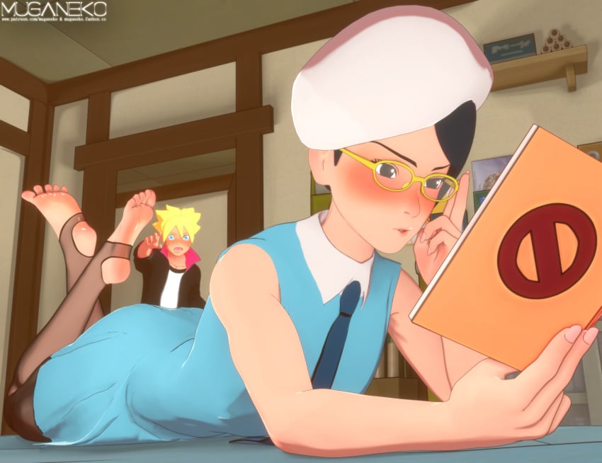 1boy 1girls alternate_costume alternate_hairstyle ass bare_legs bare_shoulders barefoot bed bedroom beret blush book boruto:_naruto_next_generations caught caught_in_the_act crossed_legs dress embarrassed female female_focus glasses headband holding_book holding_object indoors legwear lying_on_bed lying_on_stomach male male/female megane muganeko naruto naruto_(series) official_alternate_costume official_alternate_hairstyle on_bed petite ponytail reading reading_book reading_pornography round_ass sarada_uchiha sleeveless sleeveless_dress solo solo_focus stirrup_legwear suggestive suggestive_look teenager tied_hair uchiha_sarada uzumaki_boruto walk-in