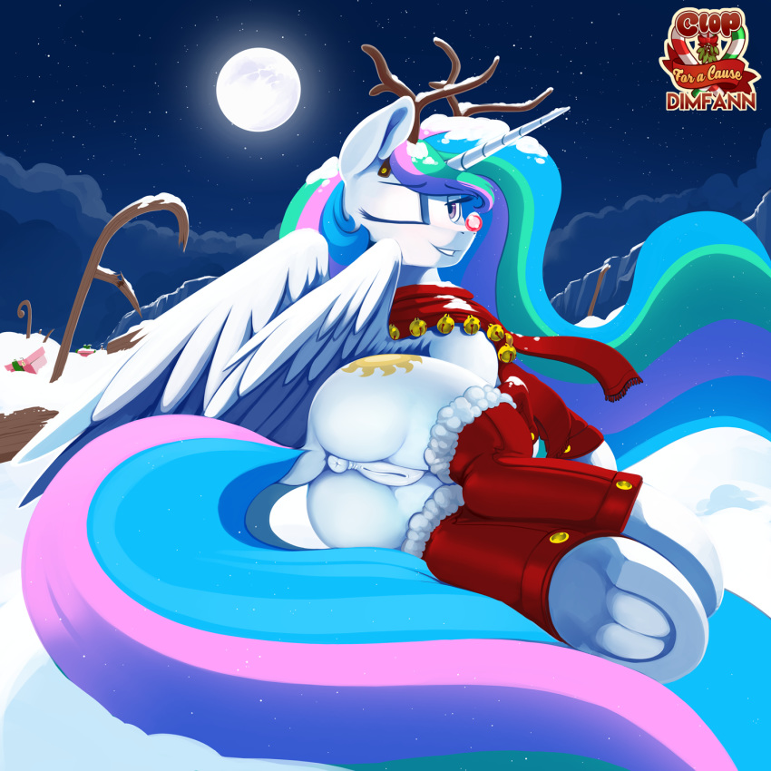 2016 alicorn anatomically_correct anatomically_correct_pussy animal_genitalia animal_pussy anus ass christmas cloud costume cutie_mark dimfann equine equine_pussy feathers female feral friendship_is_magic full_moon fur hair holidays horn looking_at_viewer looking_back mammal moon multicolored_hair my_little_pony outside princess_celestia_(mlp) purple_eyes pussy seductive sky snow solo star white_feathers white_fur wings winter